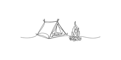Obraz premium Simple line drawing of a camping tent next to a crackling campfire in the wilderness.