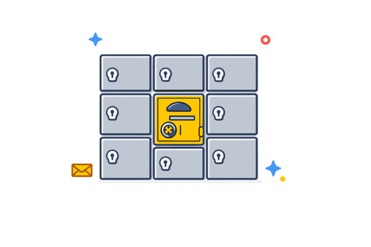 PO box door in a clean grid of lockers with one highlighted compartment, suggesting individuality, privacy and ownership within a shared
