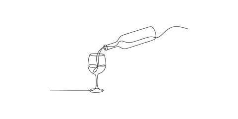 Naklejka premium Minimalist one line drawing of a wine bottle pouring red wine into a glass on white background.