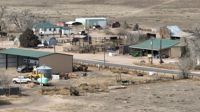Purcell ranch drone view with cattle and barns. Purcell Colorado winter 2026. drought.