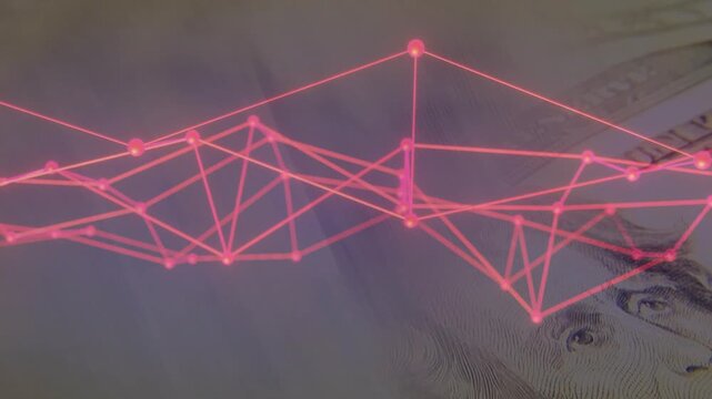 Pink network entering from left and pulsing across USD20 bills, highlighting portrait and serials