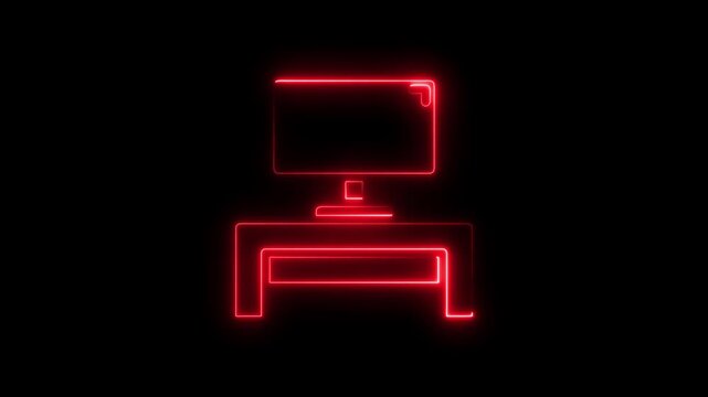 Neon Red Computer Monitor on Desk Glowing Outline on Black Background