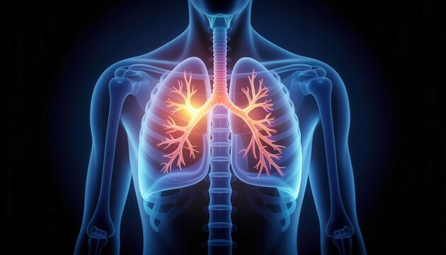 3d rendering of human lungs showing bronchi and inflammation or infection in the right lung lobe against a dark background