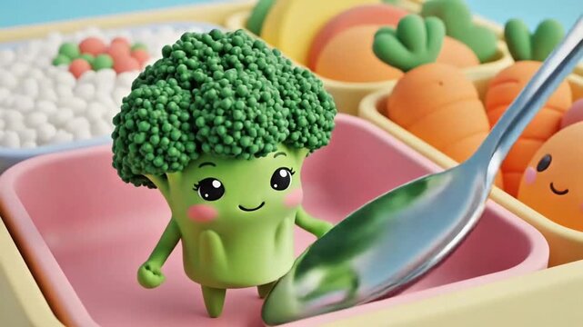 Cute 3D broccoli character looking in spoon mirror inside bento box