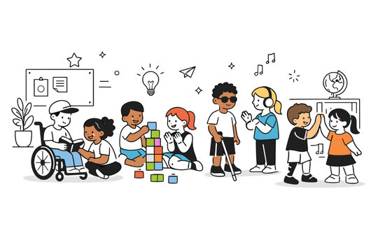 Inclusive school community. Students with diverse abilities playing and learning together in a shared school space, showing openness and
