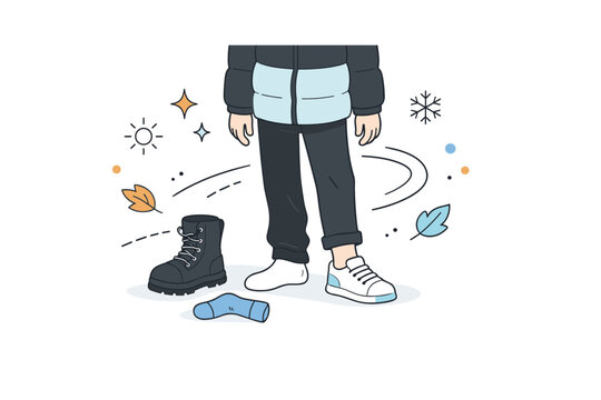 Switching winter shoes to sneakers. A person standing halfway changed, one winter boot off and a sneaker on the other foot. In-between