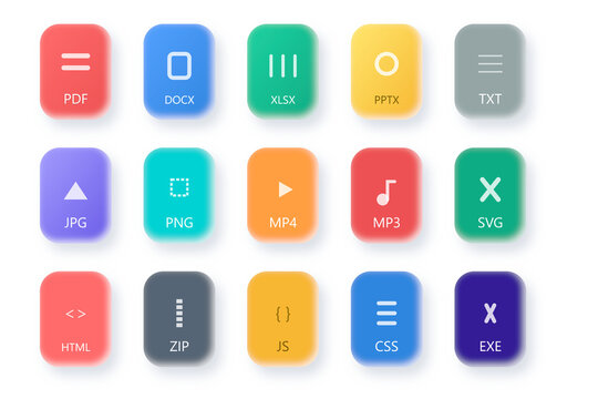 File format fill icon collection. Includes PDF, DOCX, XLSX, PPTX, TXT, JPG, PNG, MP4, MP3, SVG, HTML, ZIP, JS, CSS, and EXE symbols. Created in colored style with a vibrant multi-color palette.