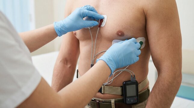 Medical professional attaching Holter monitor electrodes to a male patients chest for heart examination.