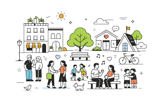 Public spaces and identity. Neighbors meeting in a thoughtfully designed square framed by unique buildings. Architecture supporting