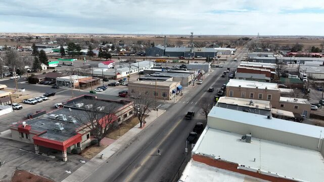 Ault Colorado downtown businesses aerial tripod shot.