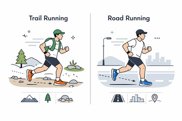Trail and road running comparison. Athlete testing shoes on different surfaces with simplified motion trails and markers, calm and structured mood. Clean