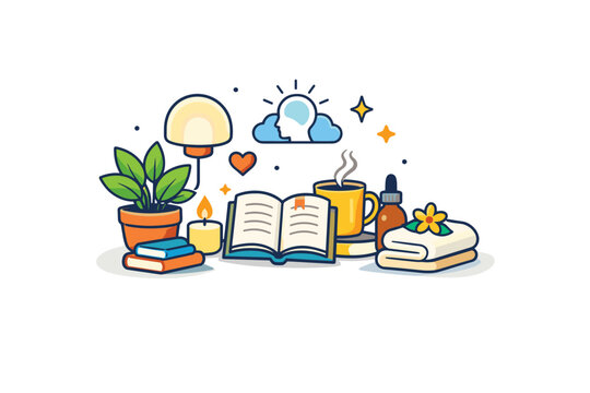 Self care routine peaceful personal space with plants, books, and warm light, expressing mental clarity, comfort, and everyday self respect. Minimalist flat