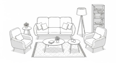 Cozy living room sketch featuring sofa, armchairs, coffee table, and lamp.