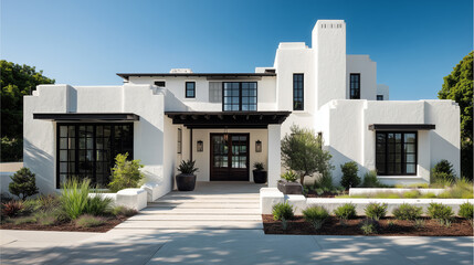 Fototapeta premium Low-angle wide shot of a contemporary villa exterior in bright noon light, white stucco walls and matte black framing in perfect symmetry.