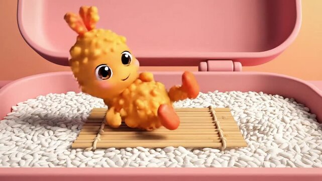Cute 3D shrimp tempura character doing yoga in bento box