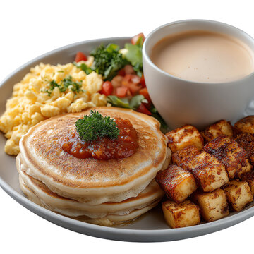 Element Isolated Transparent Vegan Comfort Food Delicious breakfast platter with pancakes PNG DIE-CUT for advertising