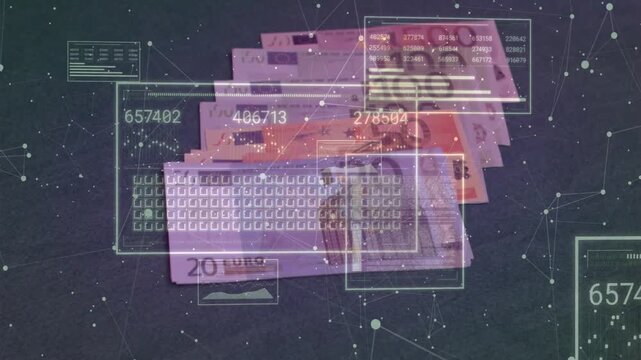 Screen opening, HUD sliding, Euro banknotes gaining opacity and fanning forward, visualizing funds