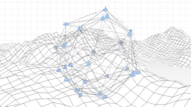 Semi-transparent polyhedral net floating and shifting as camera orbiting showing data connections