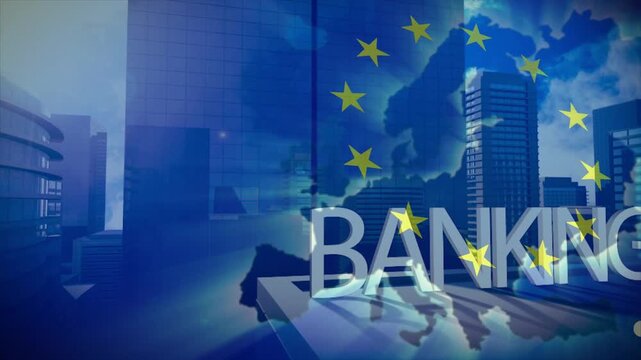 Light flare starting camera panning as Europe map with stars and 3D BANKING sliding showing success