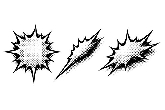 Comic halftone action emphasis shape. A single comic action emphasis shape shown in three views: front view, side view, and three-quarter view, defining bold