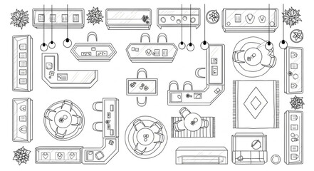 Obraz premium Detailed architectural floor plan showcasing various kitchen and dining room layouts.
