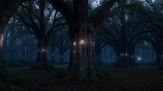 Mystical and slightly ominous forest with glowing runes carved on trees
