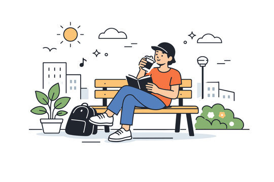 Urban outdoor lifestyle. A person enjoying outdoor space in the city, with benches, plants, and simplified buildings nearby. Balance between city life and