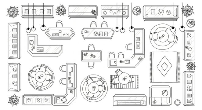Detailed architectural floor plan showcasing various kitchen and dining room layouts.