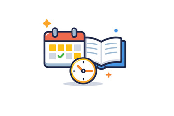 Fototapeta premium Reading log illustrated by a calendar page paired with a book icon, conveying routine reading practice, time management, and steady learning