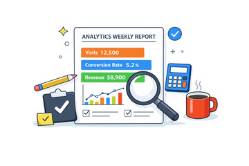 Fototapeta premium Analytics weekly report shown as a focused workspace with a report page and highlighted key metrics, symbolizing review, accountability and