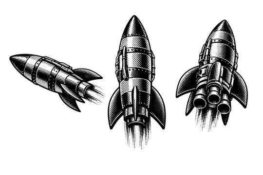 Space rocket vintage space launch rocket. A retro space rocket with segmented body, rounded nose cone, external piping details, and classic