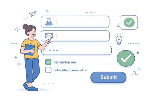 User data entry concept. A character interacting with oversized input fields and checkboxes, suggesting form completion. Friendly guidance, clarity, and