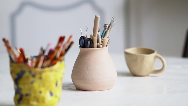 Brushes, stacks and styluses for creativity in a clay pot.  Brushes and a set of tools for modeling and modeling in a clay pot. Creative hobby. 