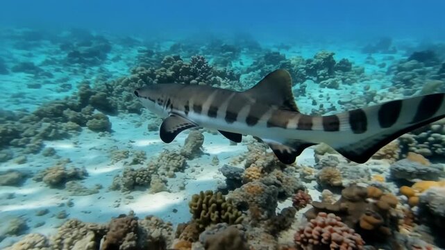 Zebra shark swims calmly over tropical coral reef sea floor wildlife conservation marine life aquatic habitat undersea biodiversity