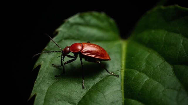 Red beetle on green leaf closeup.