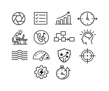 Productivity Icons Grid. Focus and Productivity. Line outline icon set of Focus and Productivity: focus lens,