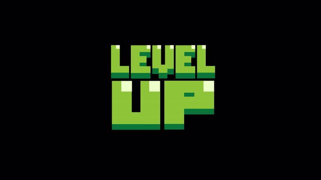 Level up screen. Retro pixel arcade machine 8 bit monitor press start play button vintage console 1980s.pixel art For use in alpha video design.