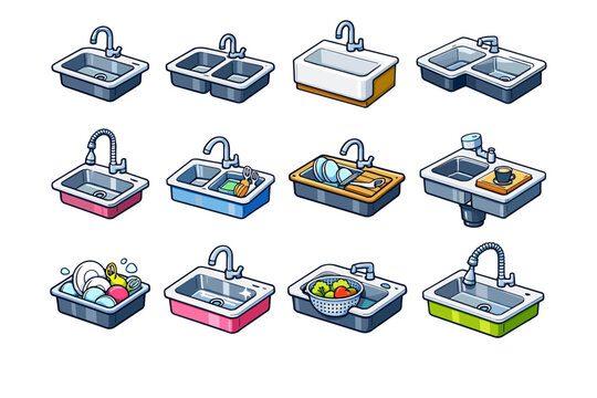 Kitchen Sink. Colorful isometric vector icons set of Kitchen Sink: single bowl sink, double bowl sink, farmhouse sink, corner sink, sink with