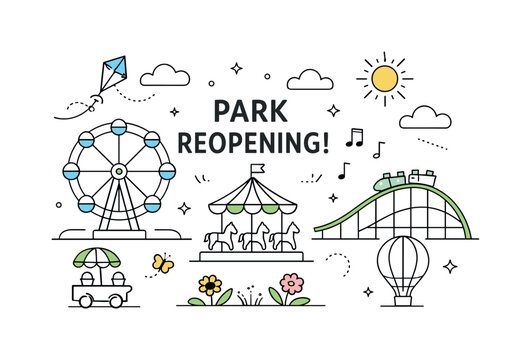 Amusement park reopening backdrop. Abstract representation of rides and decorations symbolizing spring launch and renewal. Joyful restraint,