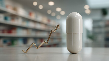 Medication Ascent: A macro view shows a medicine pill alongside a rising graph symbol, representing healthcare advancement.