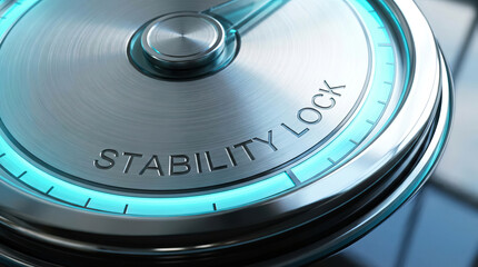 Stability lock dial on metallic surface with blue glowing light, symbolizing security, control, and precision in technology or mechanical device. Modern design with smooth texture