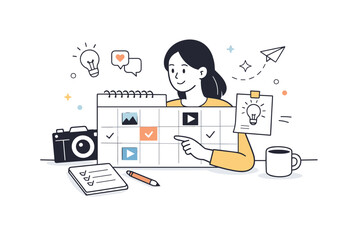 Content Creation Workflow. Content creation workflow. An influencer planning posts with a calendar, camera icon, and notes, calm and organized creative