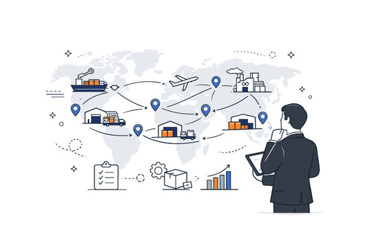 Global supply chain overview. A professional observes connected hubs across a simplified world map. The scene suggests scale, connection, and strategic