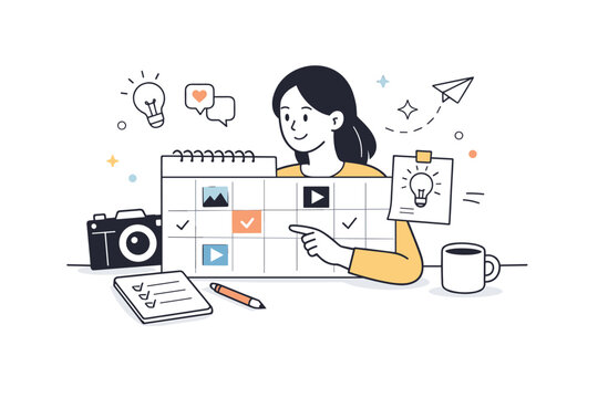 Content Creation Workflow. Content creation workflow. An influencer planning posts with a calendar, camera icon, and notes, calm and organized creative