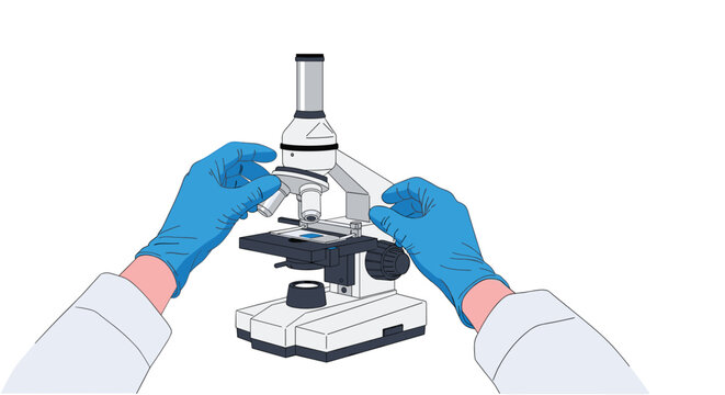 A first-person perspective showing gloved hands adjusting a scientific microscope on a pristine white background.