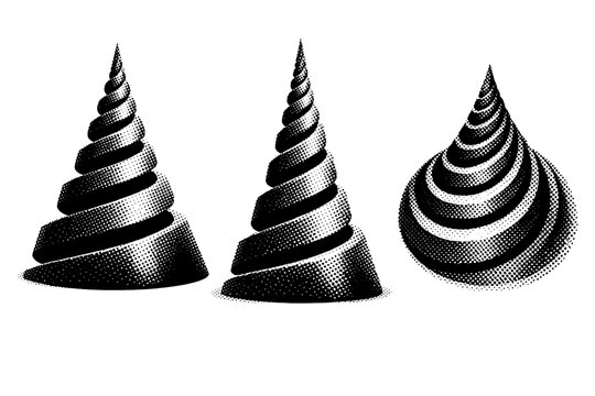 Conical Spiral Perspectives. Dotted spiral object conical spiral form, a spiral object rising upward into a cone-like volume while remaining one continuous