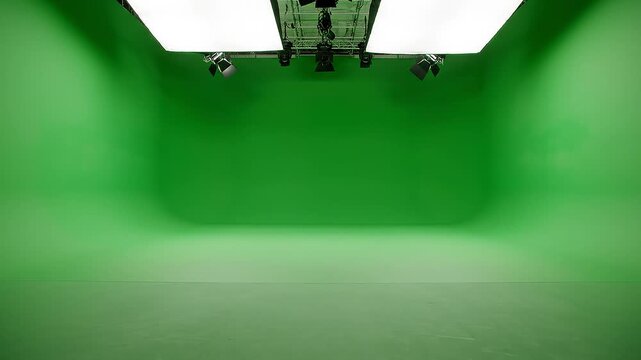 Professional green screen studio, walls and floor fully chroma key green, overhead softbox lights and mounted equipment, cinematic video production atmosphere&hellip;
