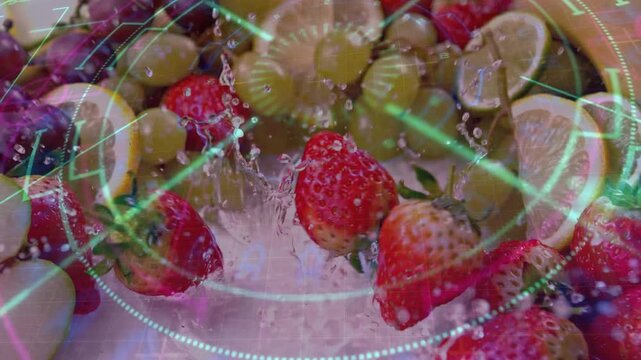 Neon HUD appearing triggers berries dropping into center, making splashes showing HUD interaction