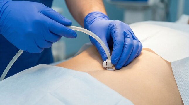 Surgeon performing abdominal drainage procedure in a hospital operating room.