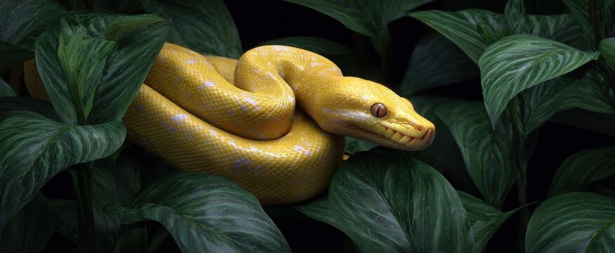 Coiled bright yellow python lies quietly amid dense tropical foliage.